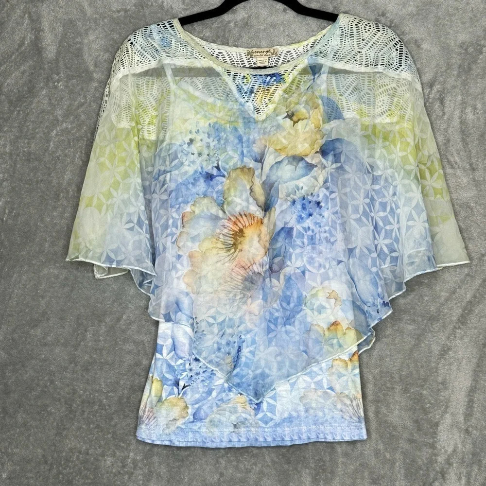 Energe S Small Shirt‎ Top Blue Floral Poncho Short Sleeve Round Neck Lace Trim